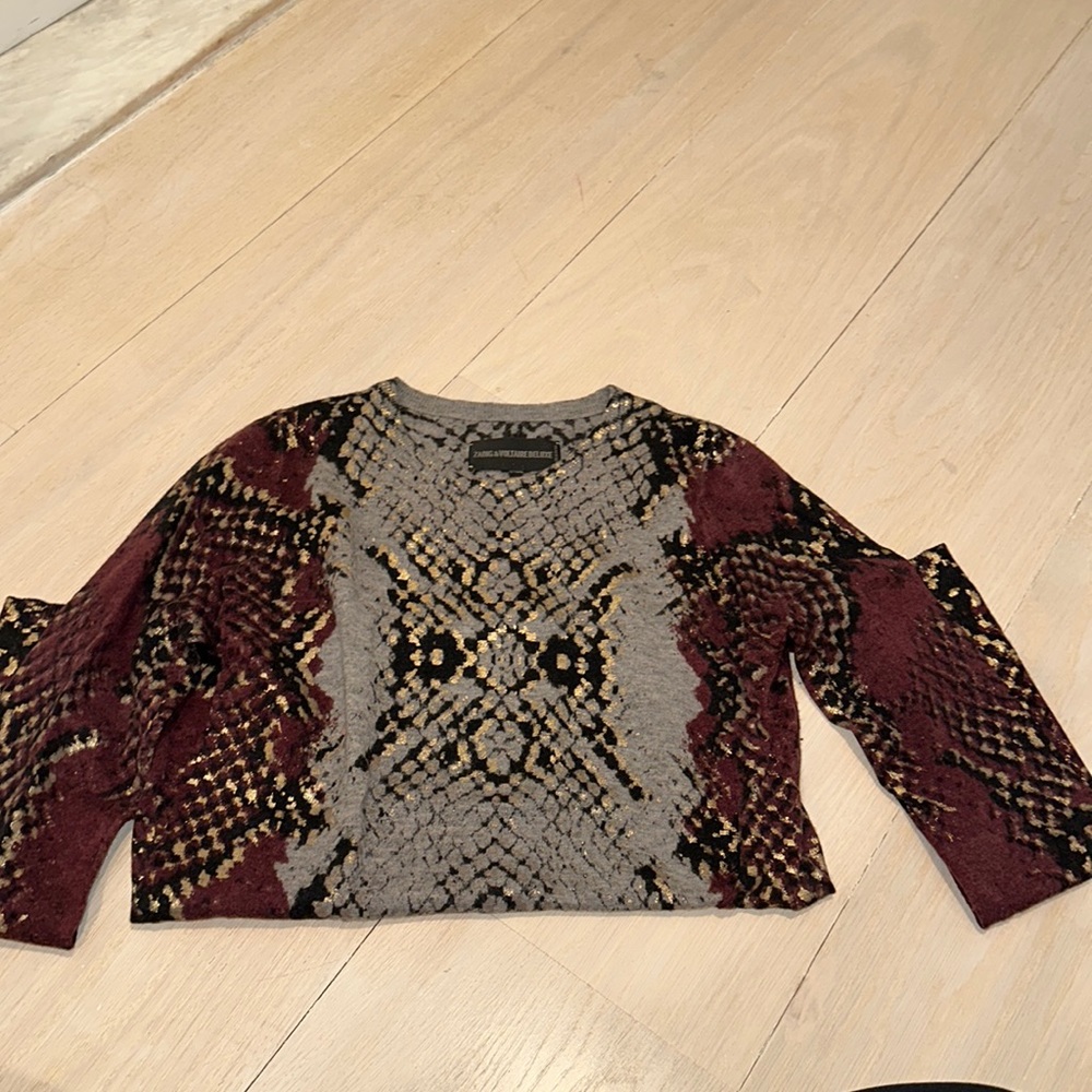 Zadig and Voltaire red, gold, gray, and black sweater